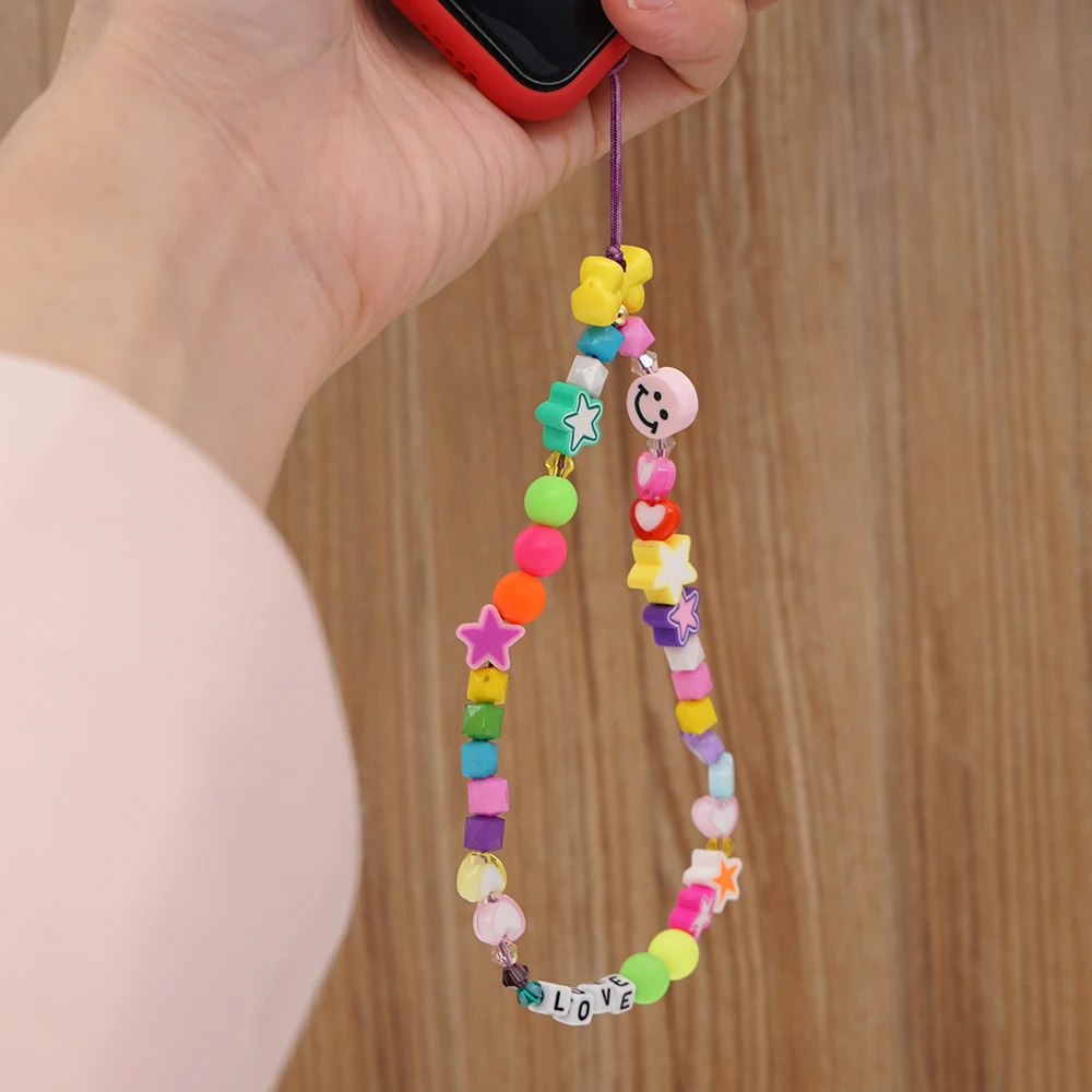 Shinus Cute Heart Mobile Phone Lanyard Smiley Phone Chains Colored Bead Straps Star Charm Heart Letter LOVE Chain String Holder