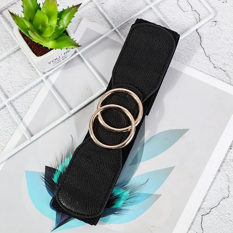 

New Double Gold Circle Buckle Elastic Stretch Wide Waist Belts for Female Cummerbands for Dress Sweater Clothing Accessories