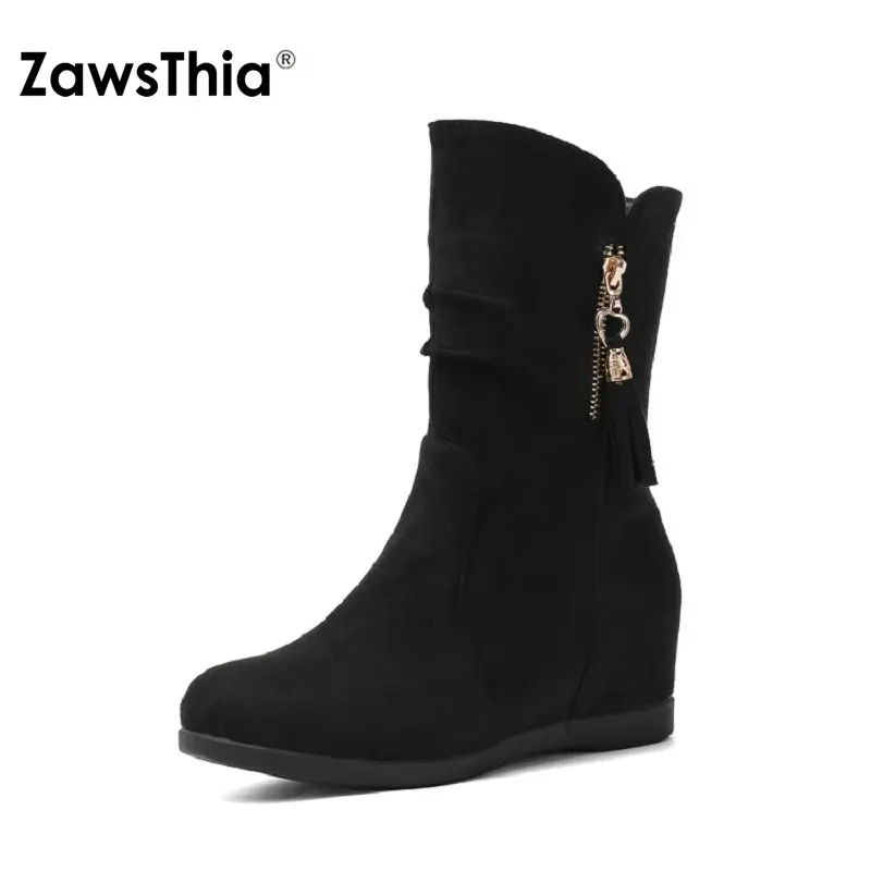 Женские ботинки на танкетке ZawsThia плиссированные полусапожки с бахромой и
