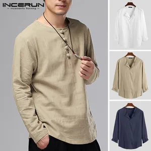 INCERUN винтажная Мужская рубашка с длинным рукавом из хлопка уличная пуговица кунг-фу Однотонная рубашка в китайском стиле Camisa мужская Повседневная рубашка 2020