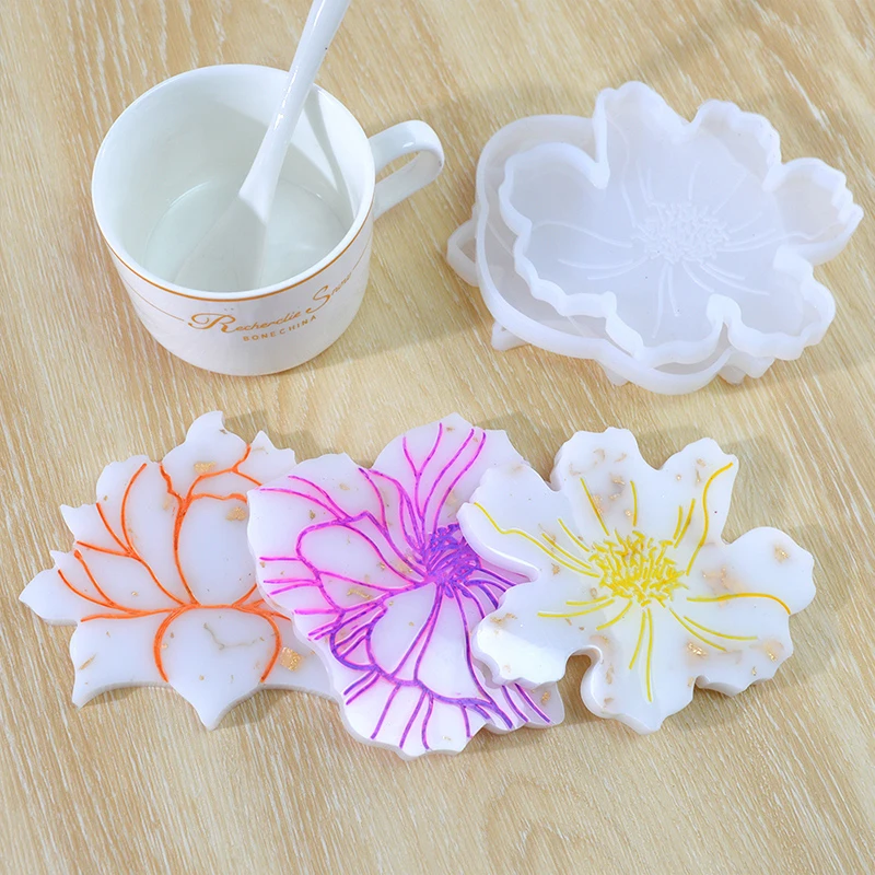 4 Style Flower Shape Coaster Molde De Resina Fruit Cup Resine Epoxy Mold Tea Coffee Mat Casting Resin Moulds For Kit Craft Tool