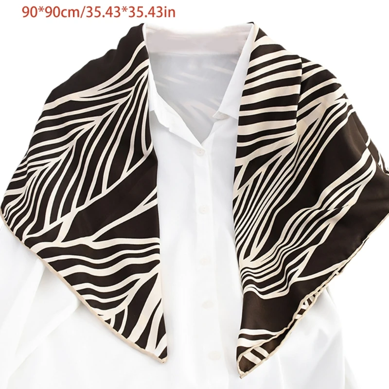 

90cm Women Silky Square Scarf Minimalist Striped Printed Shawl Wrap Neckerchief Vintage Bandana Hijab Handle Ribbon