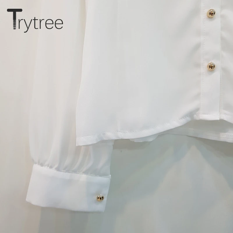 

Trytree 2020 Spring Autumn Women Blouse Casual Bow Lace Ruffles Single Breasted Elegant White Shirts Office Lady Tops For women