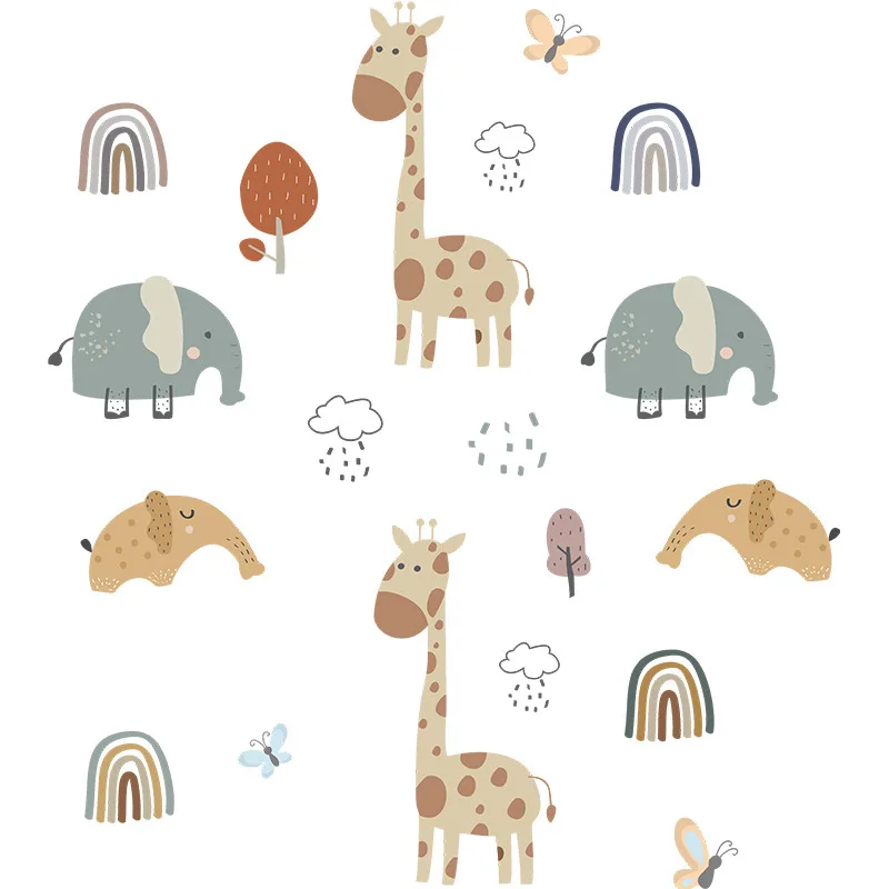 Cartoon Animals Wall Stickers For Baby Kids room Children Bedroom Decor Giraffe Elephant Decals Home Wallpapers | Дом и сад