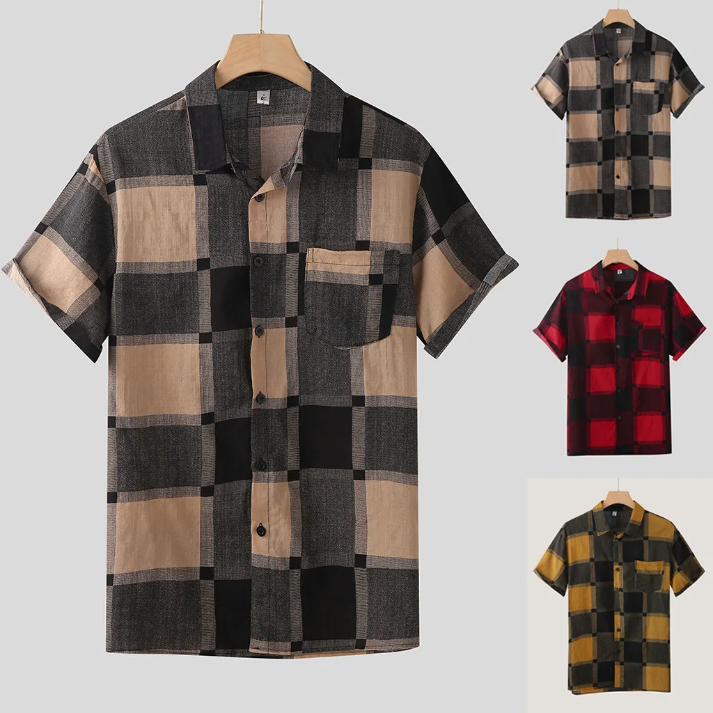 

Men's plaid printed shirt summer hot sale lapel casual plaid loose shirt short sleeve buttoned shirt shirt 40*