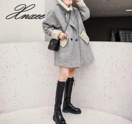 

Xnxee lamb fur collar double-breasted woolen coat female long thick woolen coat new 2020