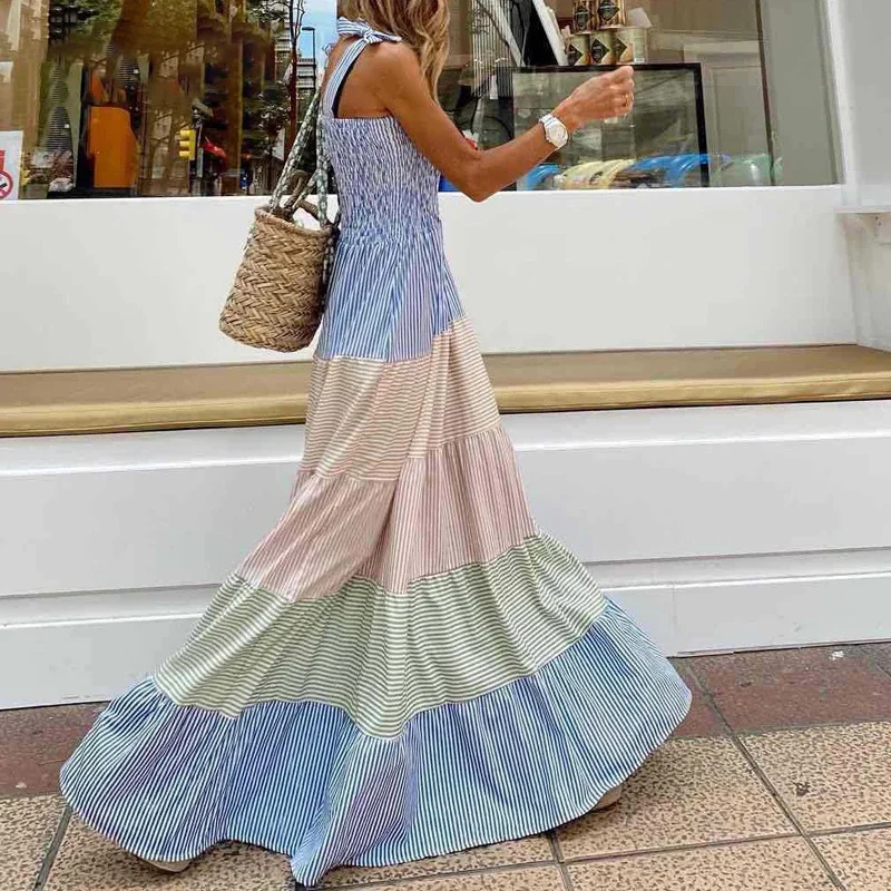

Women Maxi Beach Dress Sleeveless Dress Summer Elegant Off Shoulder Bow Sling Party Dress Lady Fashion Striped Patchwork Dress