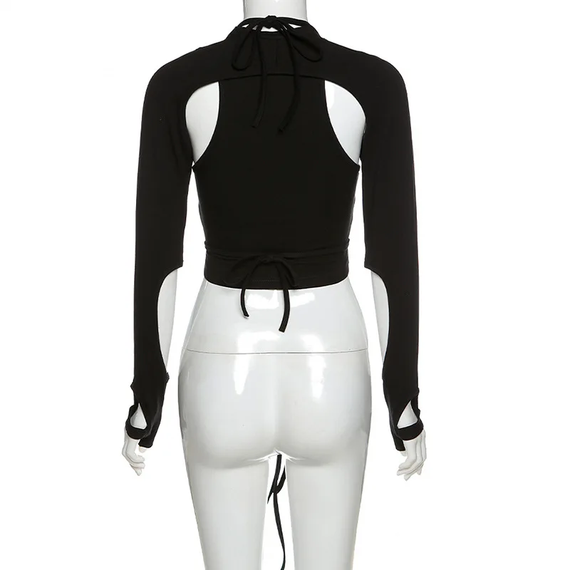 

2020 New black gothic women hollow out Tops sexy women punk bandage crop top T-shirt casual streetwear