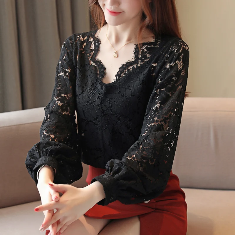 Осенняя блузка для женщин 2019 женские топы с длинным рукавом кружевная однотонная