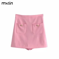 2021 women vintage with double buttons pink shorts skirts fashion spring high waist side zipper offic lady female skort mujer
