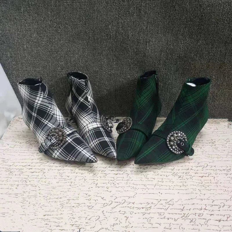 Элегантные женские ботинки с острым носком Ботильоны в полоску клетку Модные на