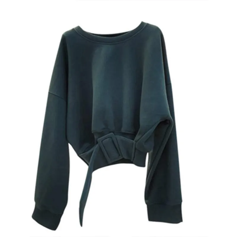 

2021 Autumn Round Neck Hoodies Woman Long-sleeved Waist Short Sweatshirt Women High Waist Simple Solid Color Top