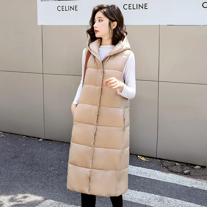 

Hooded Solid Winter X-long Thick Vest Jacket for Women Casual Loose Down Cotton Waistcoat Quilted Zipper Sleeveless Cotton Vest