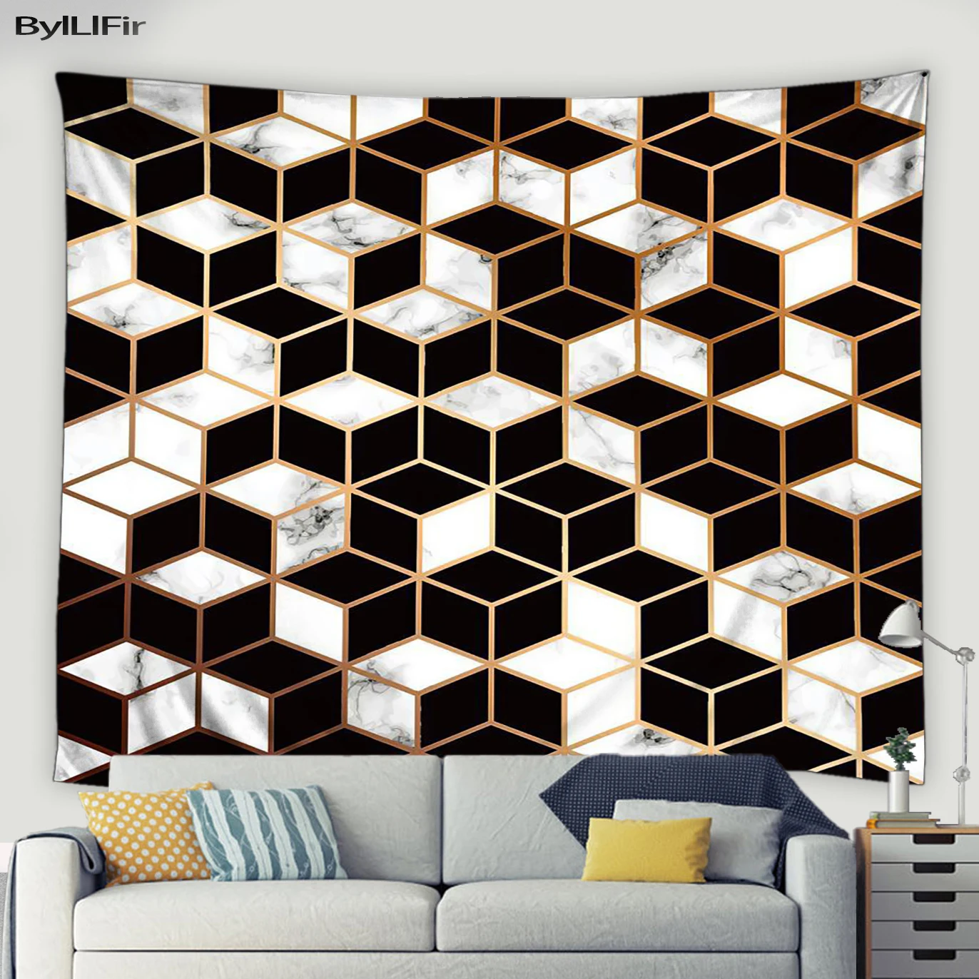 

3D Geometric Vision Tapestry Wall Hanging Black White Abstract Marble Pattern Bedroom Mural Dorm Room Art Decor Wall Blanket