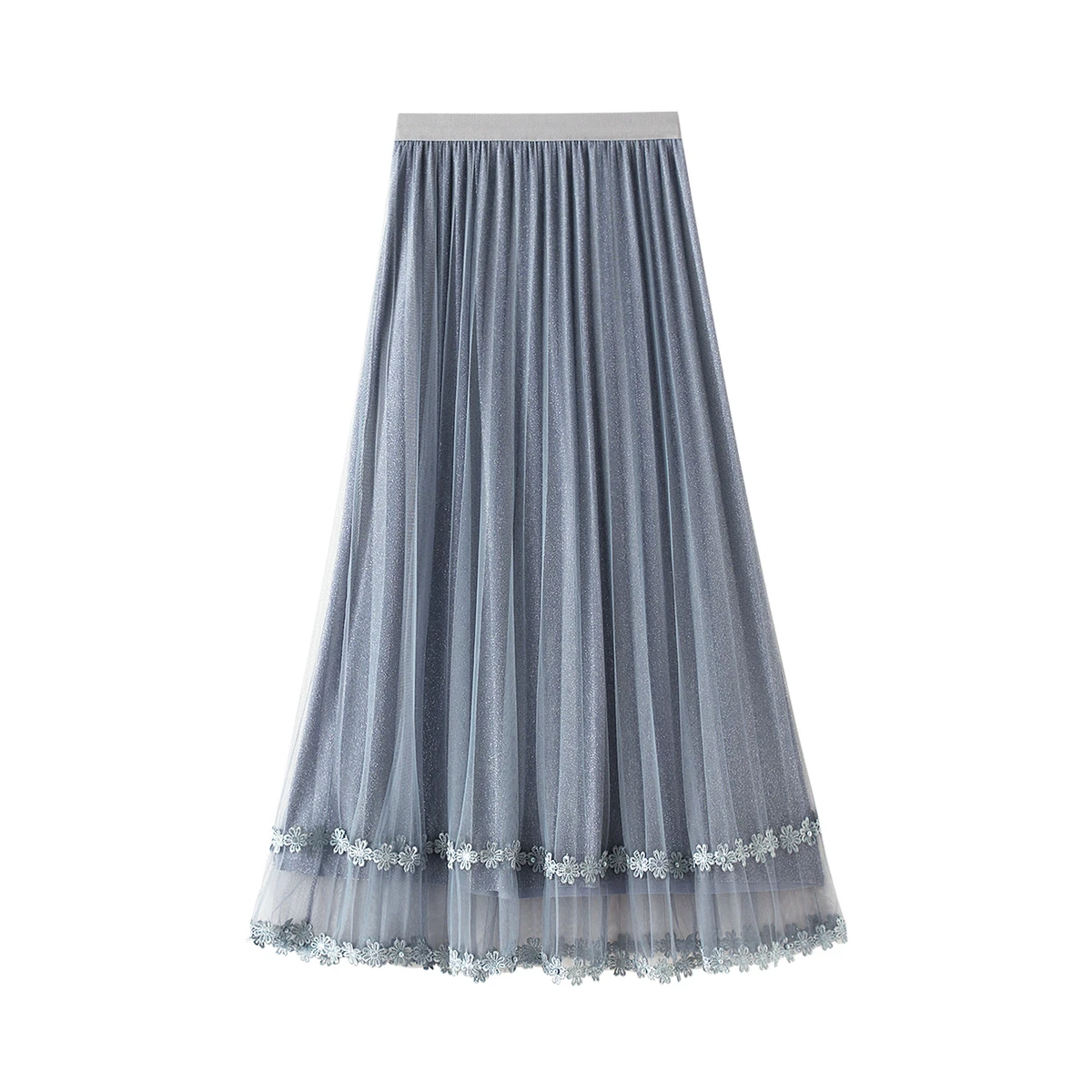 

Women Summer Solid-Color Bright Yarn Elastic-Waist All-Match Gauze Hemline A-line Long Pleated Skirt Ladies Elegant Streetwear