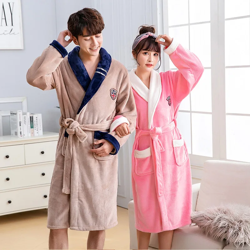 Couple Lounge Kimono Gown Coral Fleece Warm Robe Bathrobe Winter Casual Home Clothing Women Soft Flannel Nightgown Sleepwear