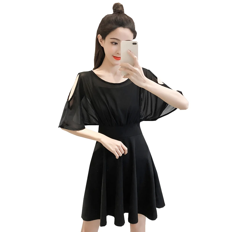 

COIGARSAM Chiffon Women one-piece dress korean New Dresses Black 621