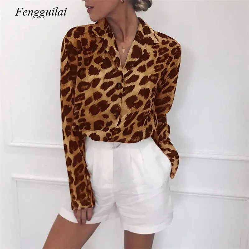 

Vintage Blouse Long Sleeve Leopard Print Blouse Turn Down Collar Office Shirt Tunic Casual Loose Tops Plus Size Blusas