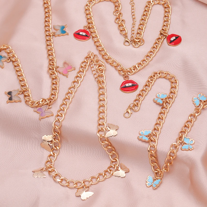 

Punk Style Gold Color Cherry Lock Cross Butterfly Choker Necklaces for Women Heart Chunky Chain Necklaces Fashion Jewelry