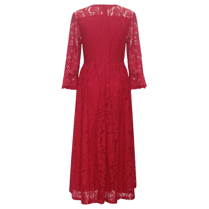 

autumn winter new arrival casual style red lace women dress flare sleeves o neck big size a line elegant party female dress