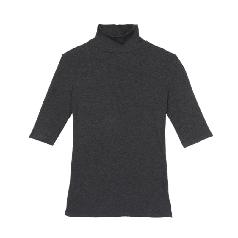 

Real Shot 2021 Spring New Pile High Collar Bottomed Shirt For Women With Medium Sleeve Top Slim Fitting 3 / 4 Sleeve T-Shirt