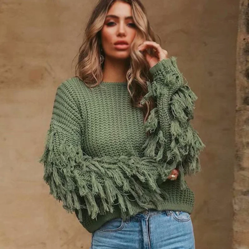 

Women's Black Green With Tassel Crochet 2021 Long-Sleeved Vintage Pullover Sweater For Autumn Spring Knitted Loose Solid Casual