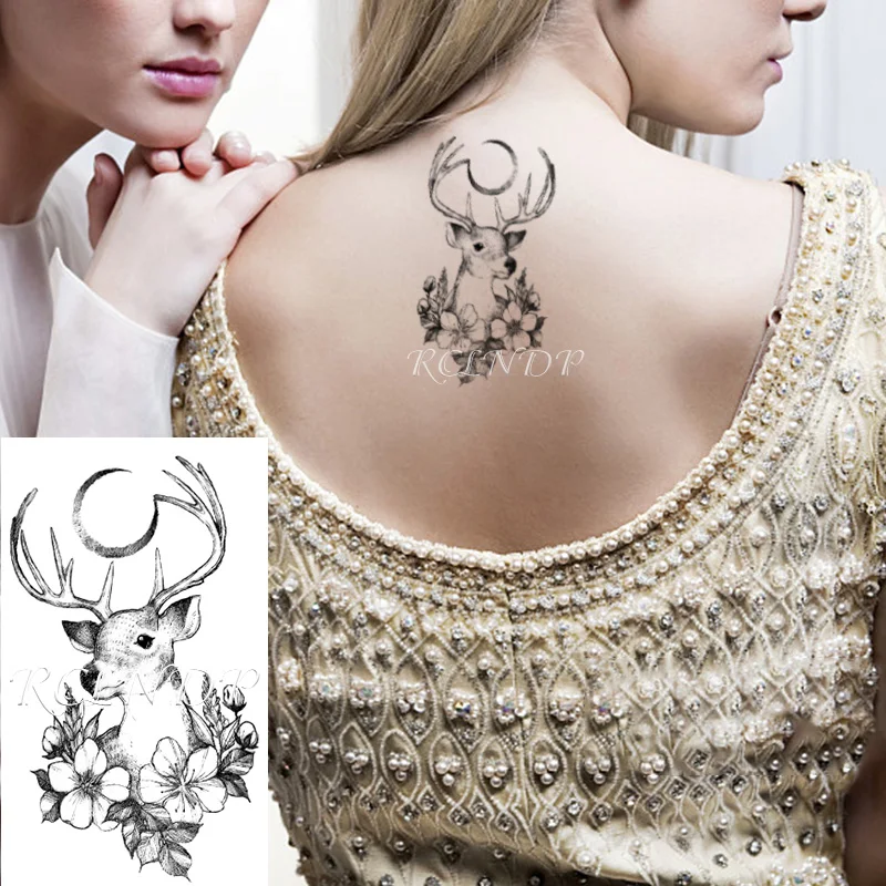 

Waterproof Temporary Tattoo Sticker Deer Moon Flower Pattern Body Art Small Size Flash Tatoo Fake Tatto for Kids Men Women