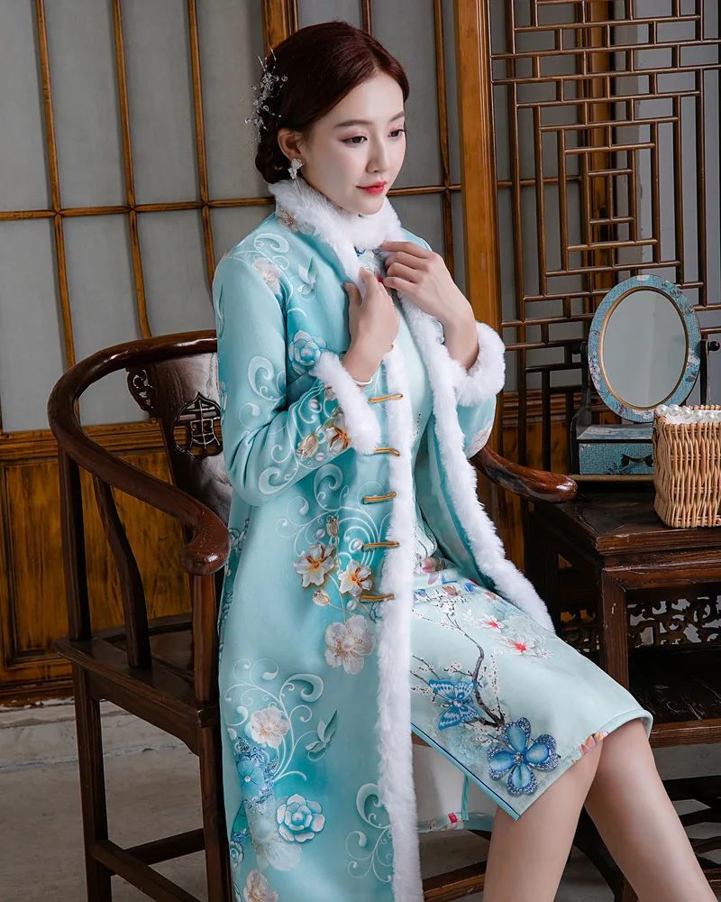 

2021 New Women Winter Keep Warm Lovely Long Sweet Print Chinese Style Cheongsam Dress Casual Elegant Fashion High Waist Clothing