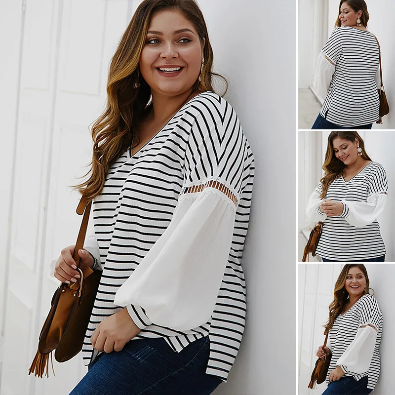 Women Over Size T-shirt 2020 Spring New Striped Stitching Tops Ladies V-neck Sexy Blouse Lantern Long Sleeve Casual |