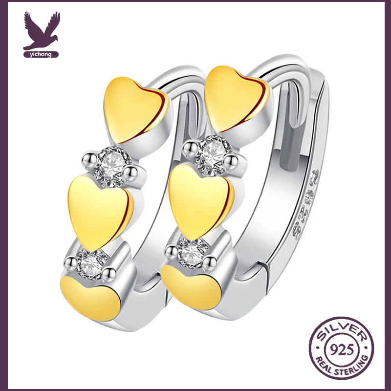 

New Arrival Cute 3 Gold Heart CZ 925 Sterling Silver Small Lovely Huggies Hoop Earrings For Student Girls Children Jewellery