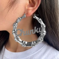 flatfoosie punk stainless steel letter big bamboo circle earrings for women fashion babygirl chunky round hoop earrings jewelry