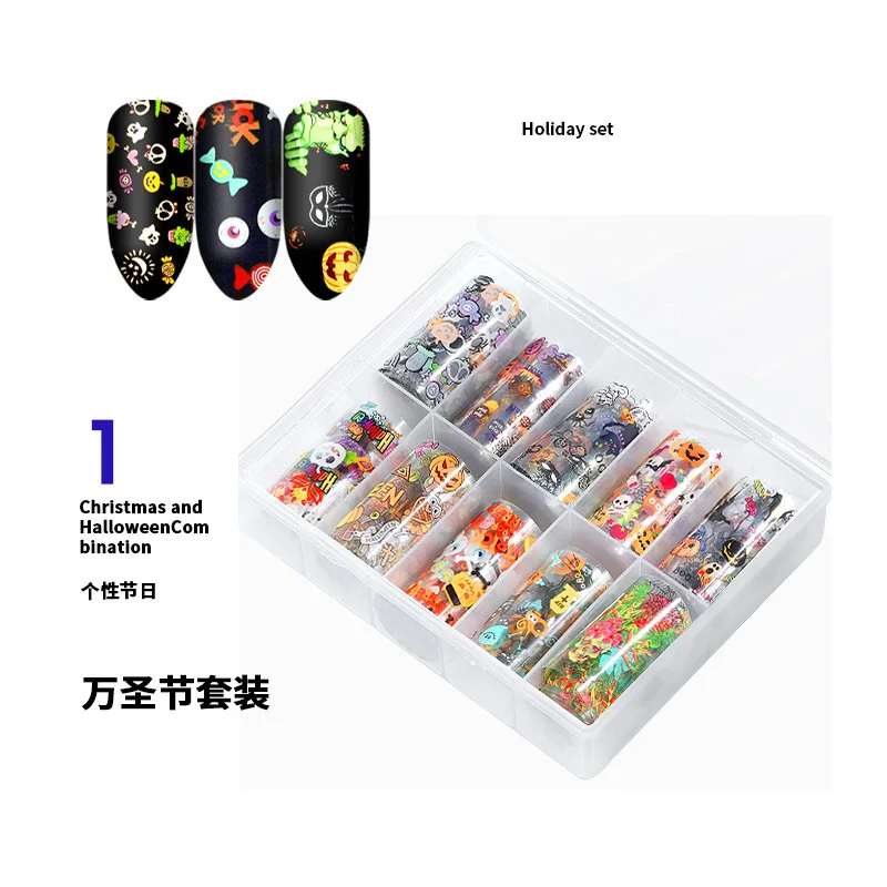 

10 Pieces/box Halloween Christmas Nail Sticker Laser Black Leave 3D Transfer Nail Decals Decoration Popupar DIY Nail Design