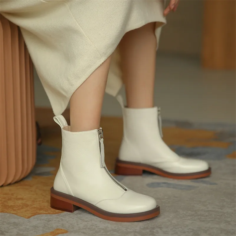 

ANNYMOLI Ankle Boots Women Shoes Real Leather Platform Mid Heel Short Boots Zipper Thick Heels Boots Ladies Autumn Beige Black