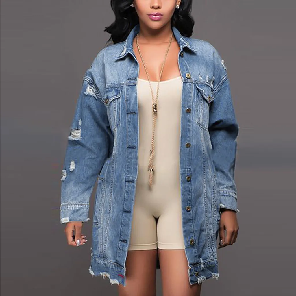 

Женская Осенняя рваная джинсовая куртка синяя Повседневная джинсовая куртка 2021 Женская свободная Потертая джинсовая куртка с длинным рука...