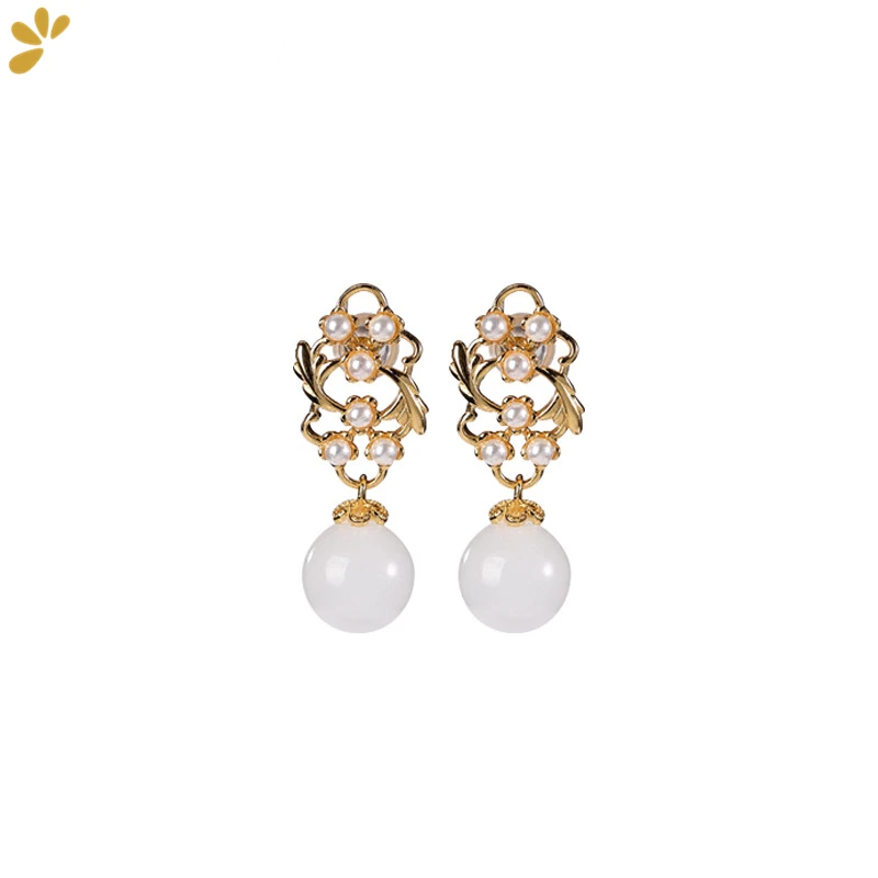 

S925 Silver Gold Plated Hetian Jade Stud Earrings For Women Hollow Craft Pearl Gorgeous Trendy Earring Fine Jewel Gift 2021 New