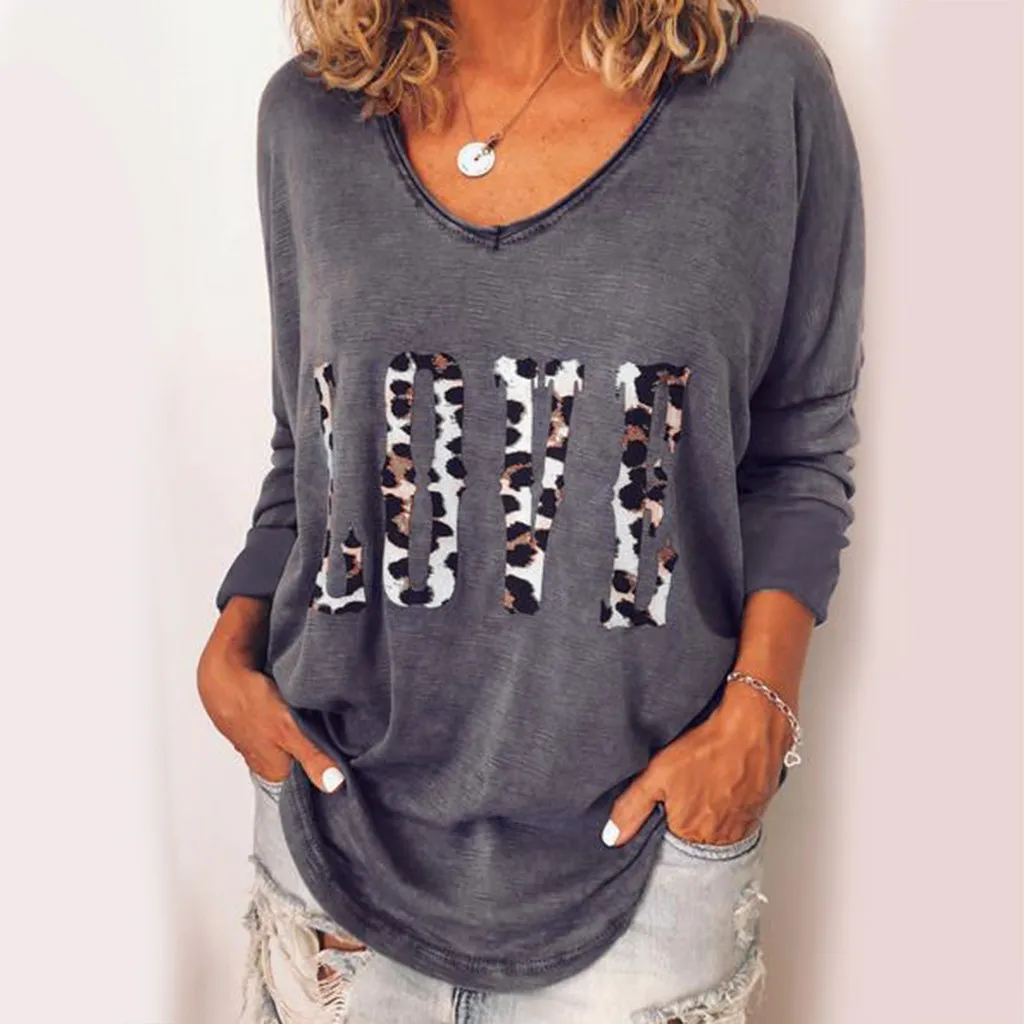 Женская футболка с леопардовым принтом Повседневная Свободная длинным рукавом и