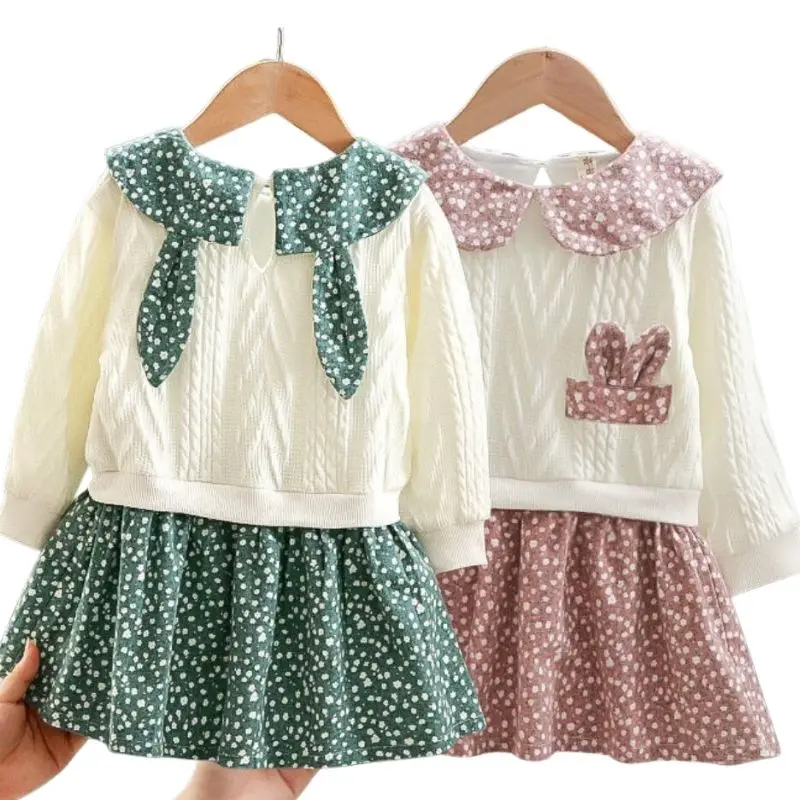 Рождественское милое платье с кроликом для детей Цветочное длинным рукавом