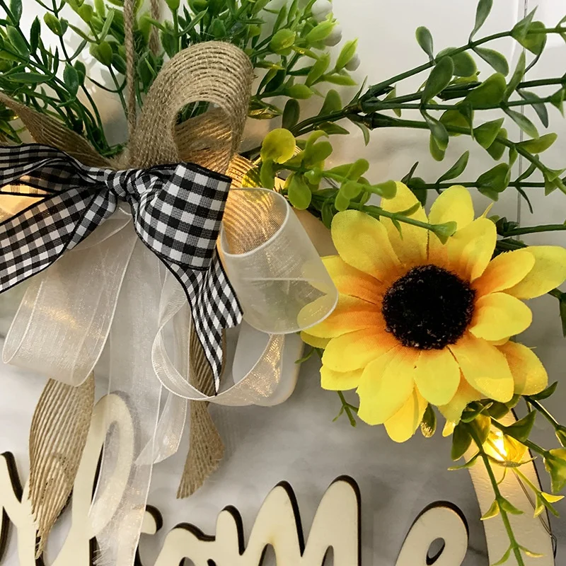

Welcome Sign Wreath Round Wood Sign Hanging Spring Sunflower Wreath Greenery Wreath Decoration Spring Front Door Decor