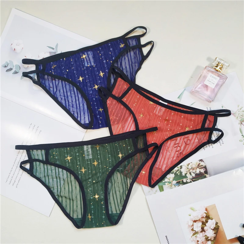 

Sexy Lace Ladies Underwear Lace Glitter Star Cute Triangle Underpants Lace Hollow Comfortable Breathable Seamless Briefs A19198