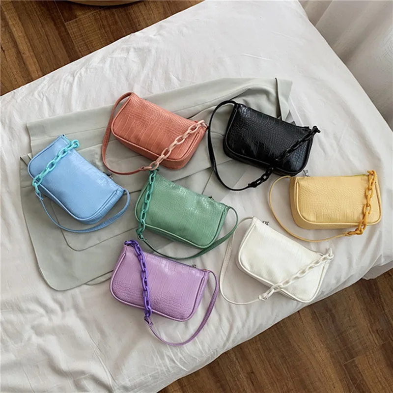 

Crocodile Pattern Baguette Handbag For Women 2021 Candy Color Chain Ladies Small Shoulder Bags Fashion Design Leather Armpit Bag