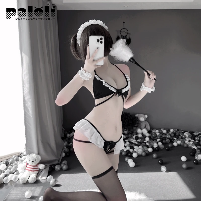 Paloli Женщины Мини Костюм Горничной Три Точки V-Образный Униформа Соблазн Костюм Черно-Белый Бикини Сексуальное Белье Ролевая Одежда.