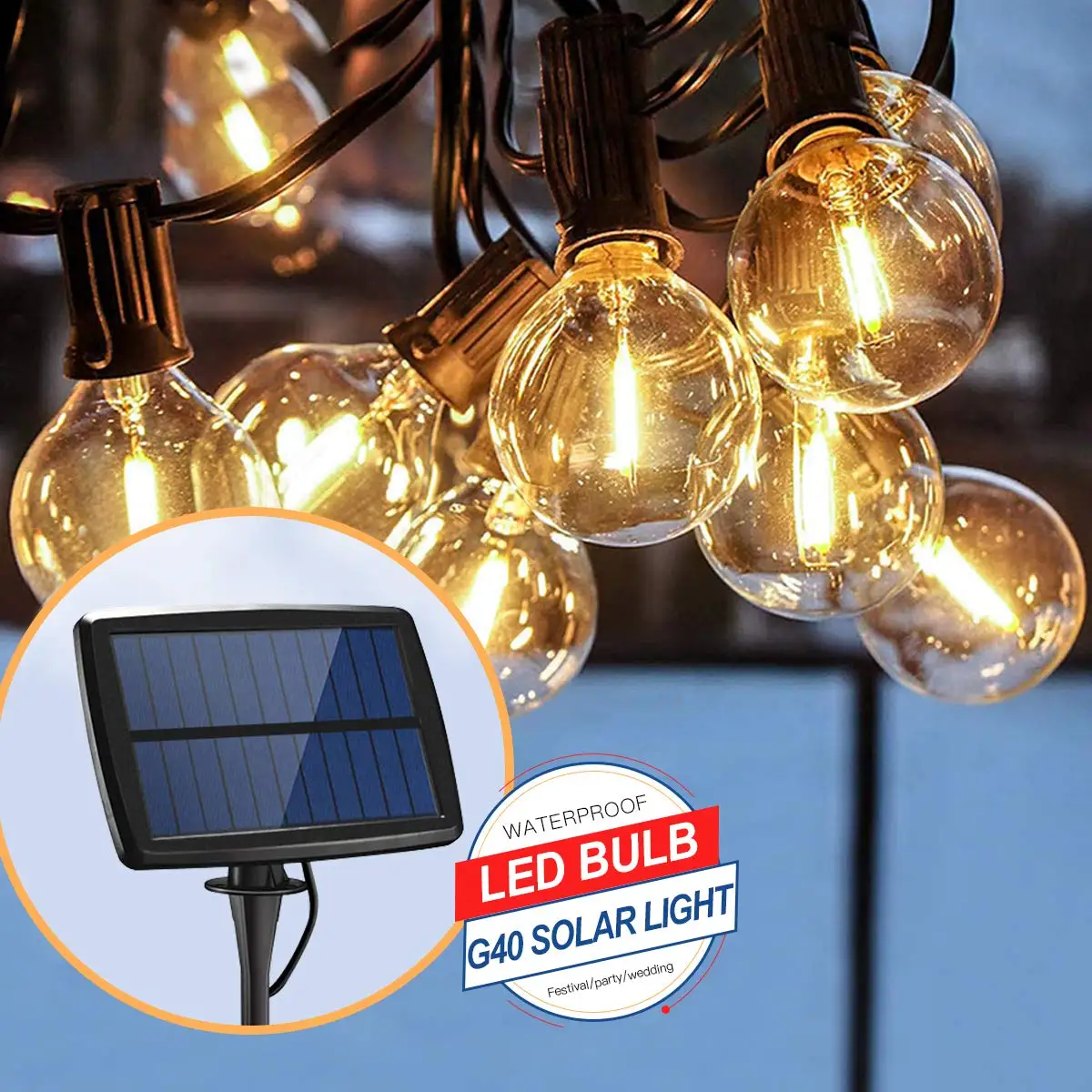 

5Ft G40 Bulb Patio Solar Globe LED String Light Outdoor Garden wedding Lights Vintage Bulbs Party Birthday Fairy Lamp Decoration