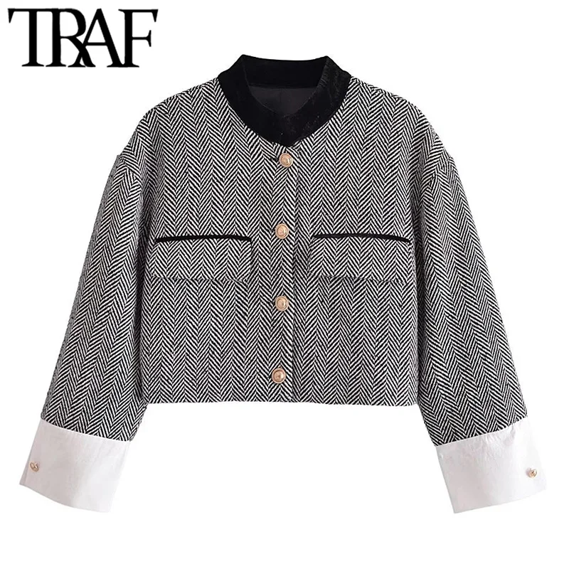 

TRAF Women Fashion Patchwork Tweed Cropped Jacket Coat Vintage Long Sleeve Button-up Female Outerwear Chic Tops