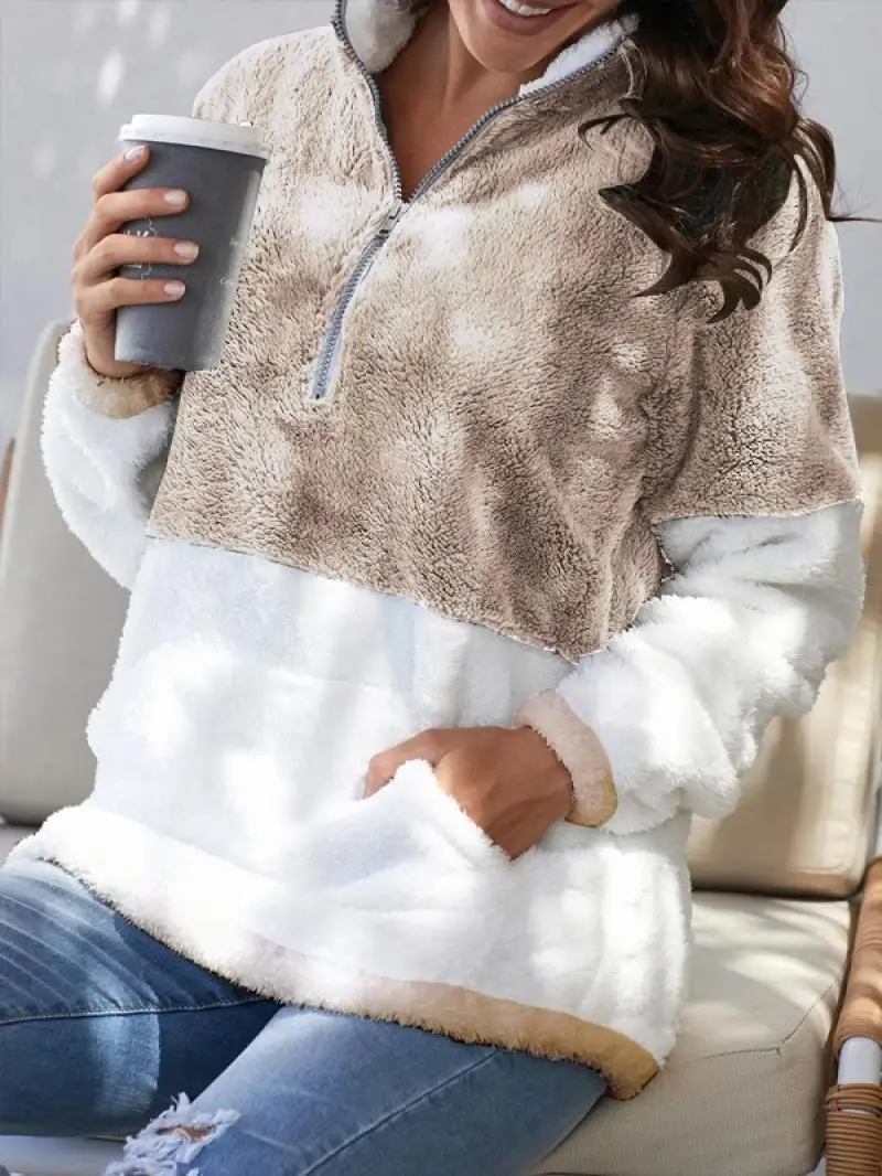 

Women's Sweatshirt Casual Turtleneck Zipper Fashion Female Clothing Patchwork Loose Kangaroo Pockets Warm Lady Street Pullover