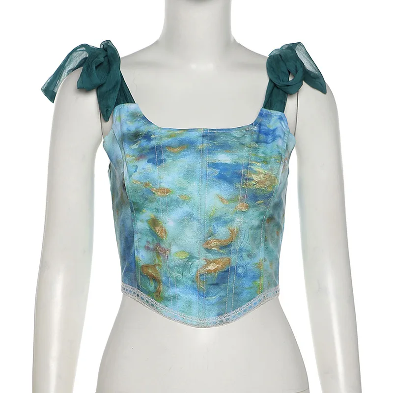 

Abstract Print Sexy Crop Tops Tees Women Ribbon Back Tie Sleeveless Cami Top Summer Silk Ribbon Spaghetti Strap Top Party Club