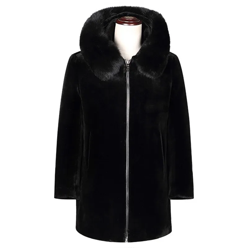

Long Winter Shearling Jackets for Men Fashion Brand Black Wool Shearling Coats With Fox Fur Collar Warm Real Fur Coat