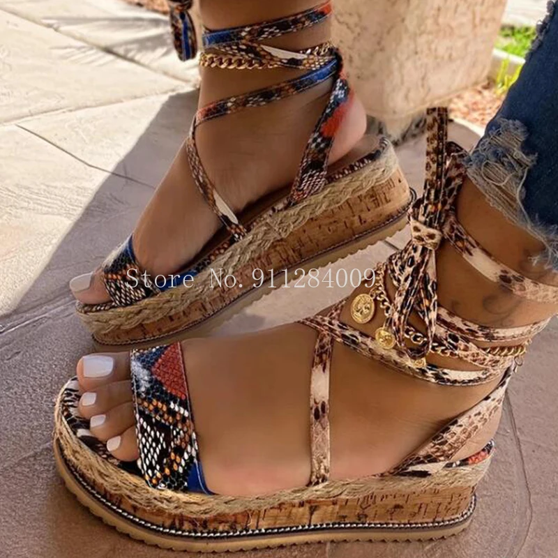 

Women wedge Sandals Summer Snake shoes Ethnic Print Fashion Casual shoes Lace Up Shoes woman Beach Plus Size shoes Sandals