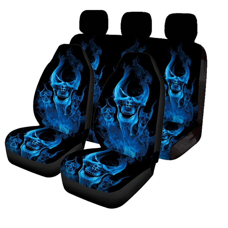 Blue Skull Print car seat cover + rear seat back cover + rear bottom stool cover car seat cover 7-piece set of auto parts, unive