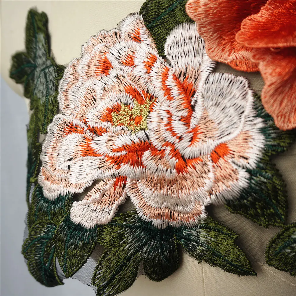 Оранжевый 3D Пион цветок лист кружева ткань многослойный воротник вышитое платье