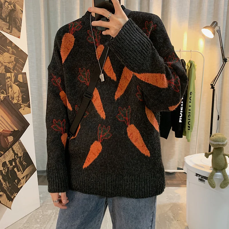 

Sweater Men Streetwear Carrot Pattern Pattern Hip Hop Autumn New Pull Over Spandex O-neck Oversize Couple Casual Men's Sweaters
